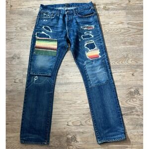 Polo Ralph Lauren Varick Slim Straight Serape Patchwork Destressed Demin 33x32